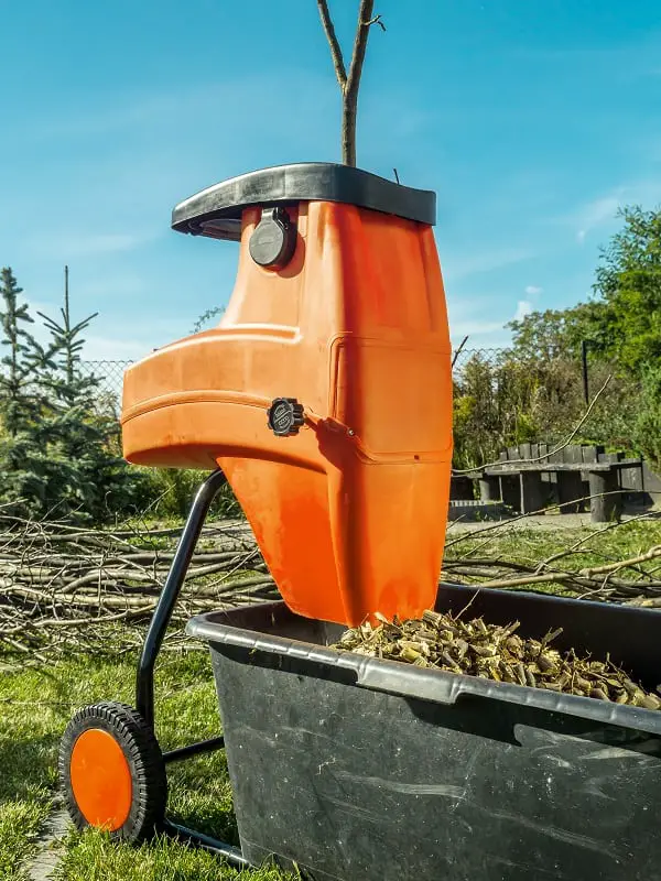 Electric wood shredder with wood chips used for garden mulching